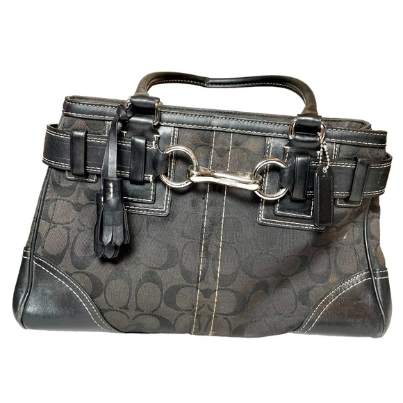 Coach Handbags - Coach Hampton Black Signature Canvas and Leather Monogram Satchel Black